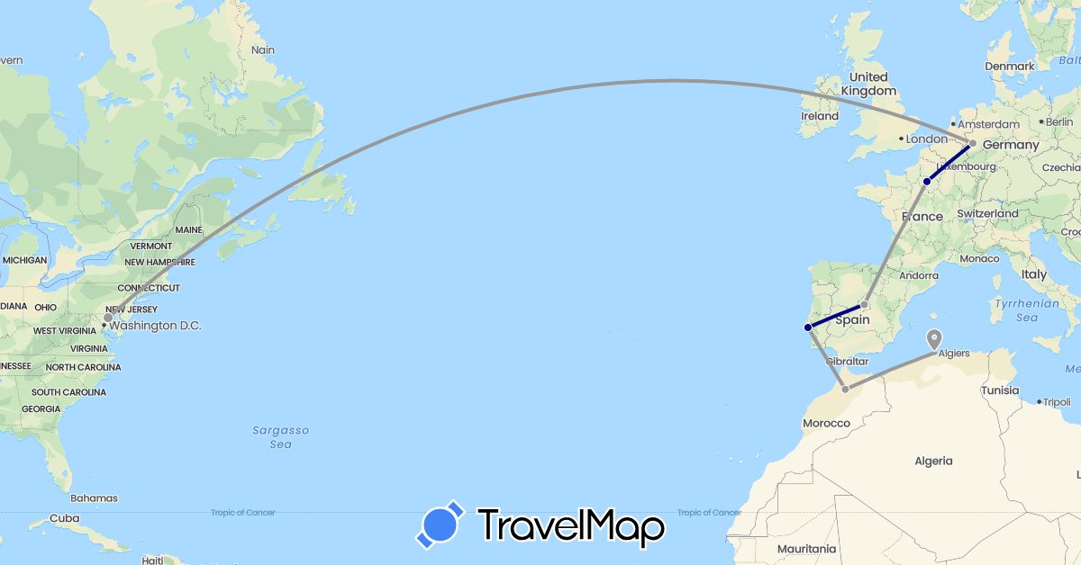 TravelMap itinerary: driving, plane in Germany, Algeria, Spain, France, Morocco, Portugal, United States (Africa, Europe, North America)